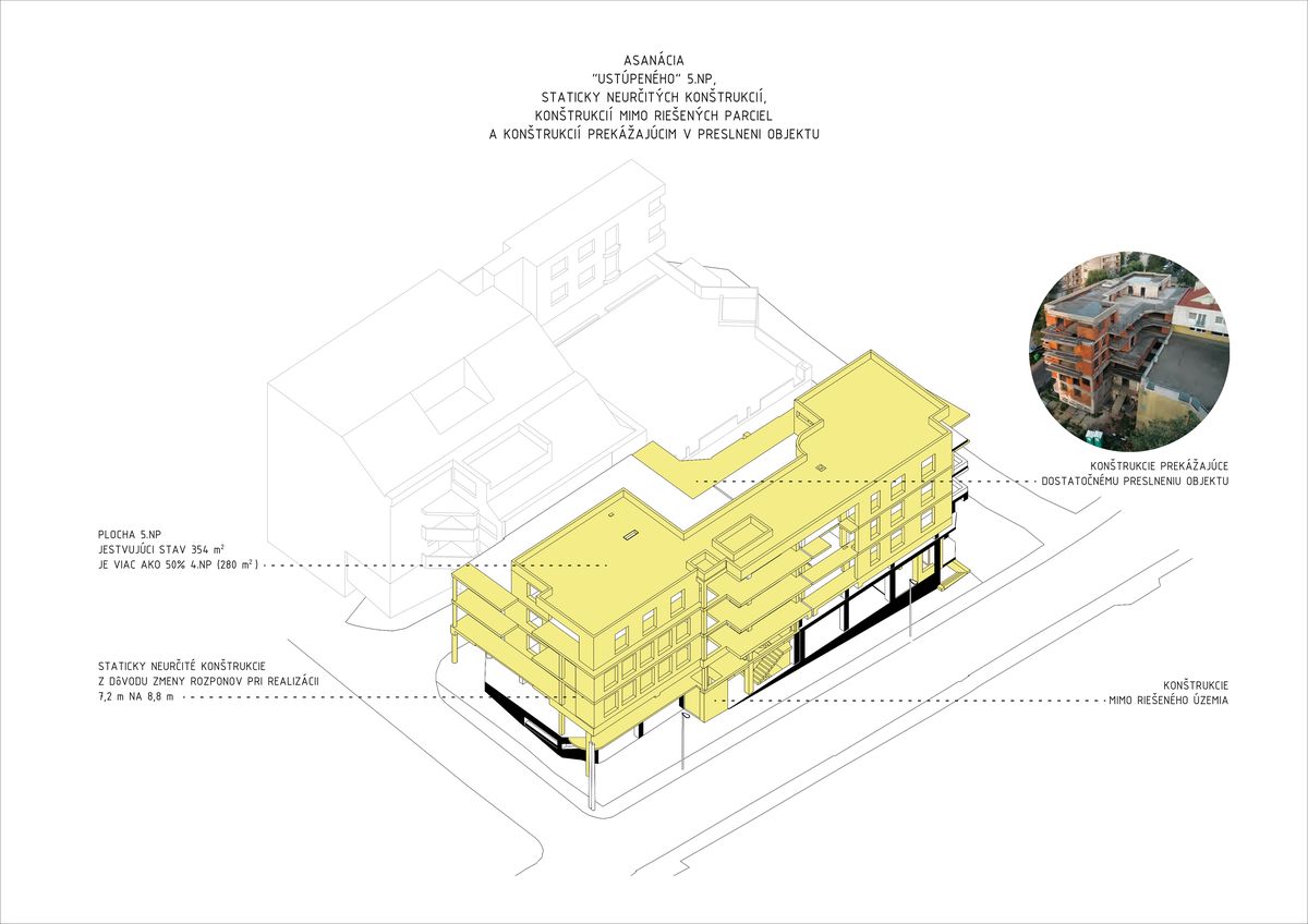 Asanácia „ustúpeného“ 5. NP staticky neurčitých konštrukcií, konštrukcií mimo riešených parciel a konštrukcií prekážajúcich v preslnení objektu.
