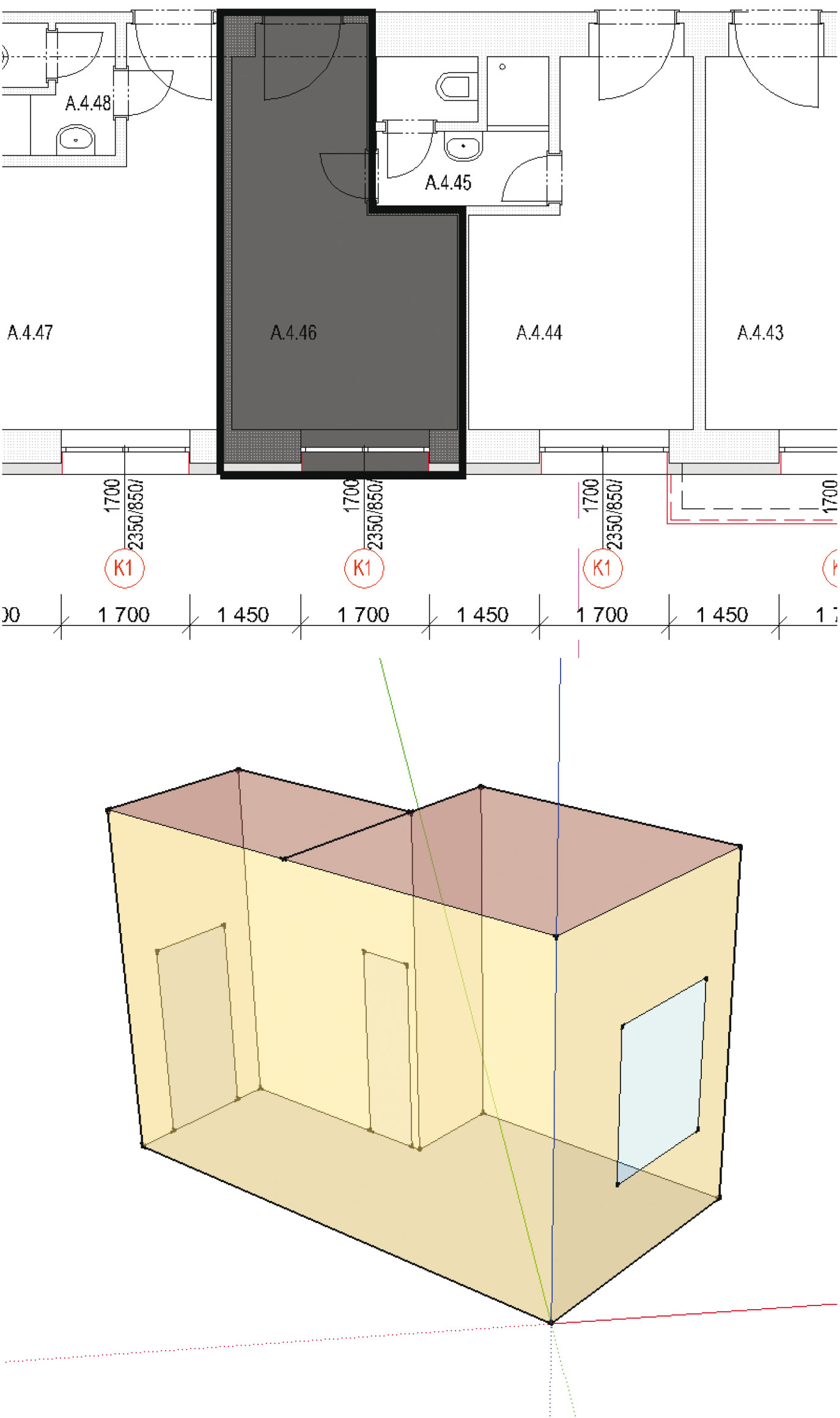 Obr. 5 Pohľad na simulovanú zónu – podklad z projektovej dokumentácie + výpočtový model v programe Sketchup 8.0