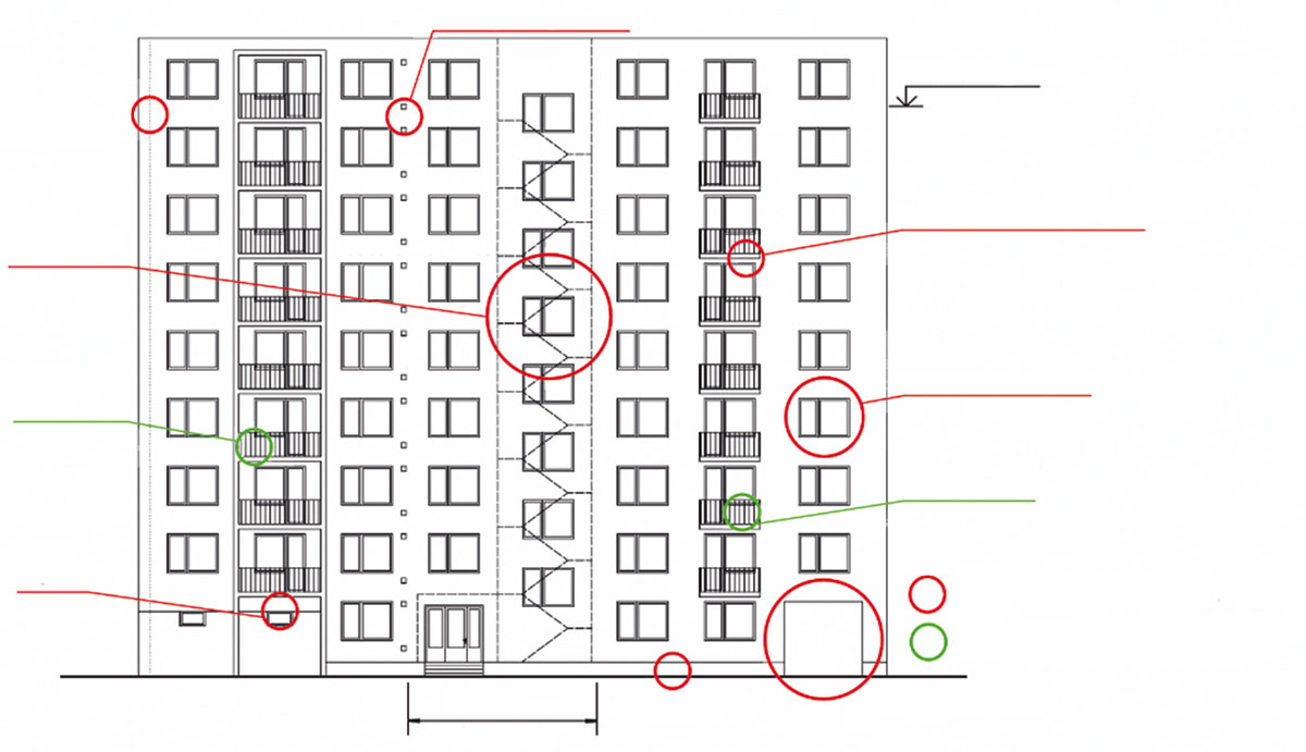 Obr. 3 Riešenie oblastí na budove s požiarnou výškou 12,0 < h ≤ 22,5 m