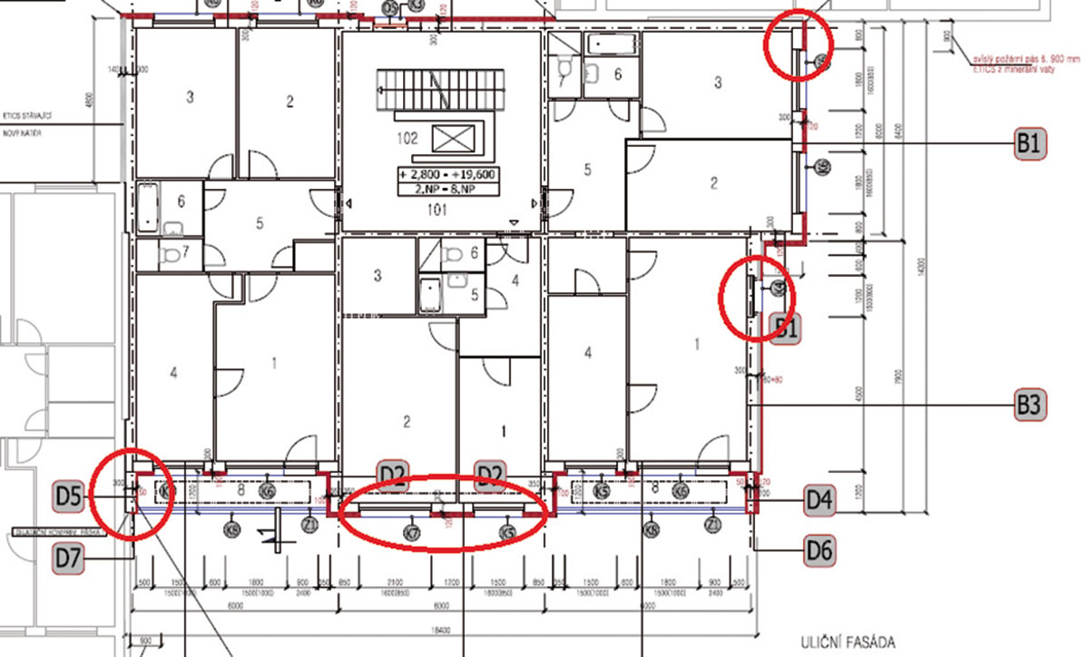 Obr. 5 Pôdorys 2. NP až 8. NP s vyznačením riešených oblastí z hľadiska protipožiarnej bezpečnosti na uličnej časti obvodového plášťa