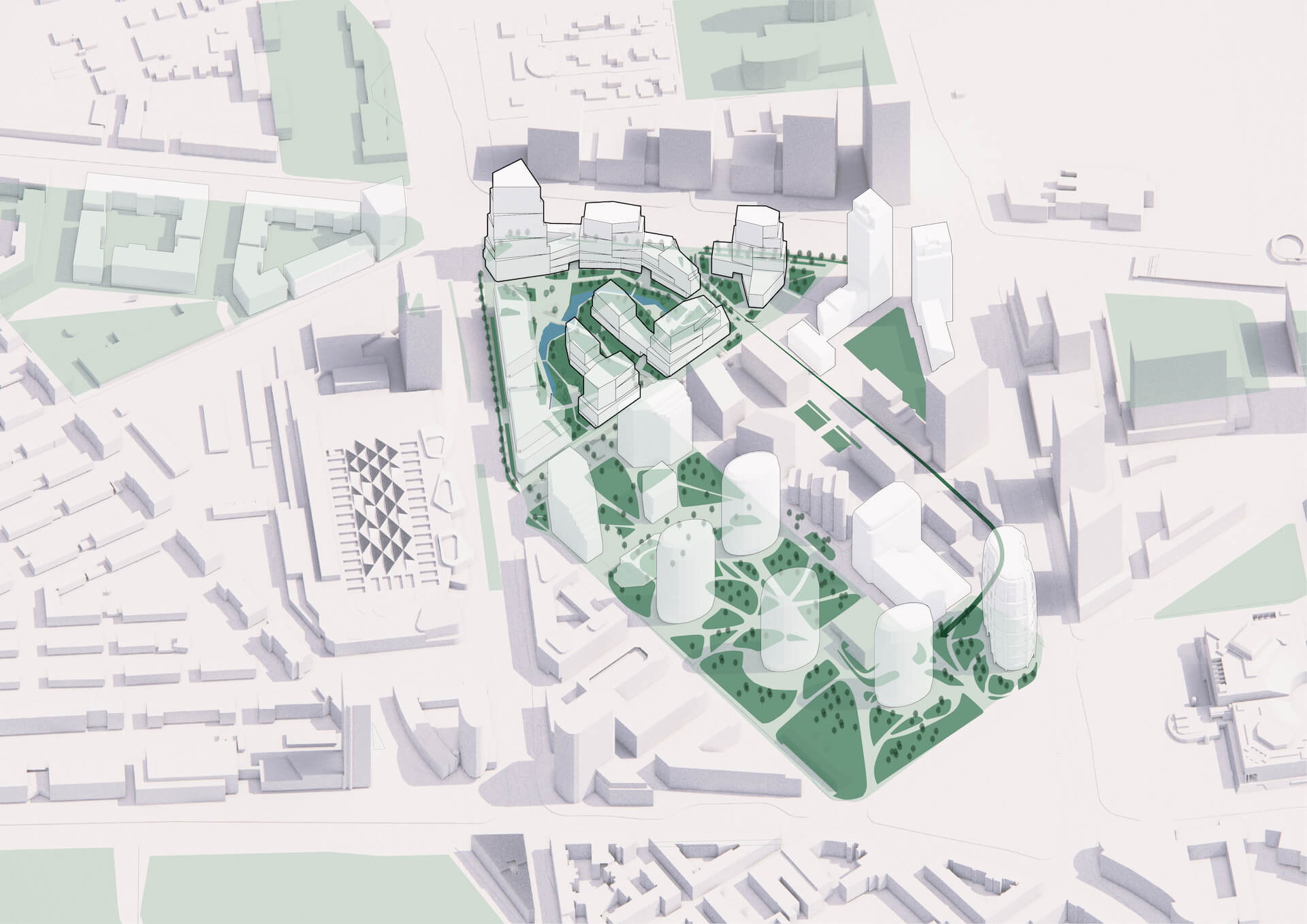 Návrh holandského ateliéru KCAP na premenu zóny Chalupkova v downtowne - axonometria