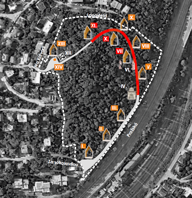 Situácia. Počet zastavení rozšírili architekti z pôvodných siedmich (plus dva prípravné) na štrnásť tak, aby sa tu mohli konať procesie.