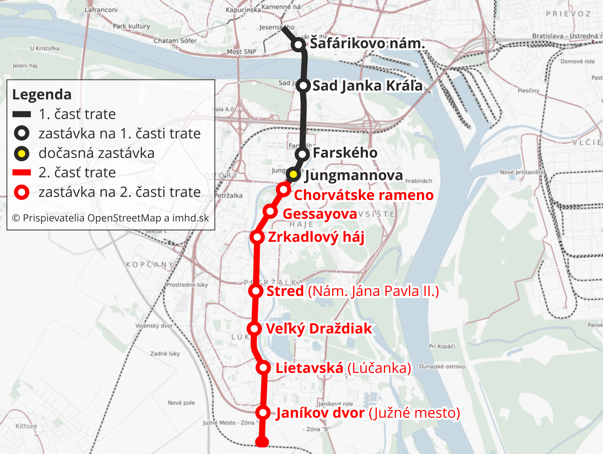 Znázornenie trasy druhej etapy električkovej trate do Petržalky