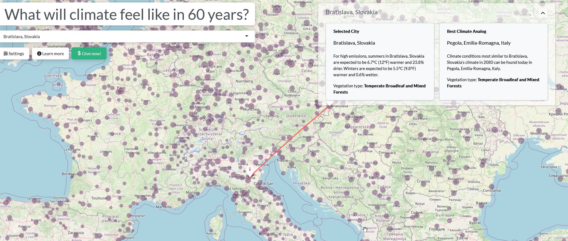 Podľa mapy bude v roku 2080 priemerná teplota v lete v Bratislave o 6,7 stupňa Celzia vyššia.