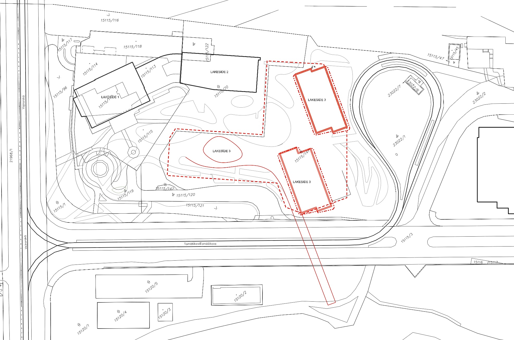 Situácia Lakeside Park 03 – katastrálna mapa. Dokumentácie EIA zaznamenala lávku pre peších (vpravo dole) k jazeru Kuchajda už v roku 2021