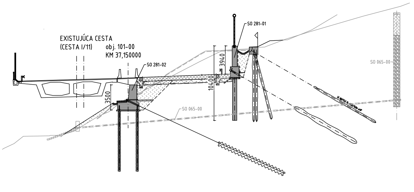 Obr. 2 Priečny rez diaľnicou D3 v km 37,150 – múry 281-01 a 281-02
