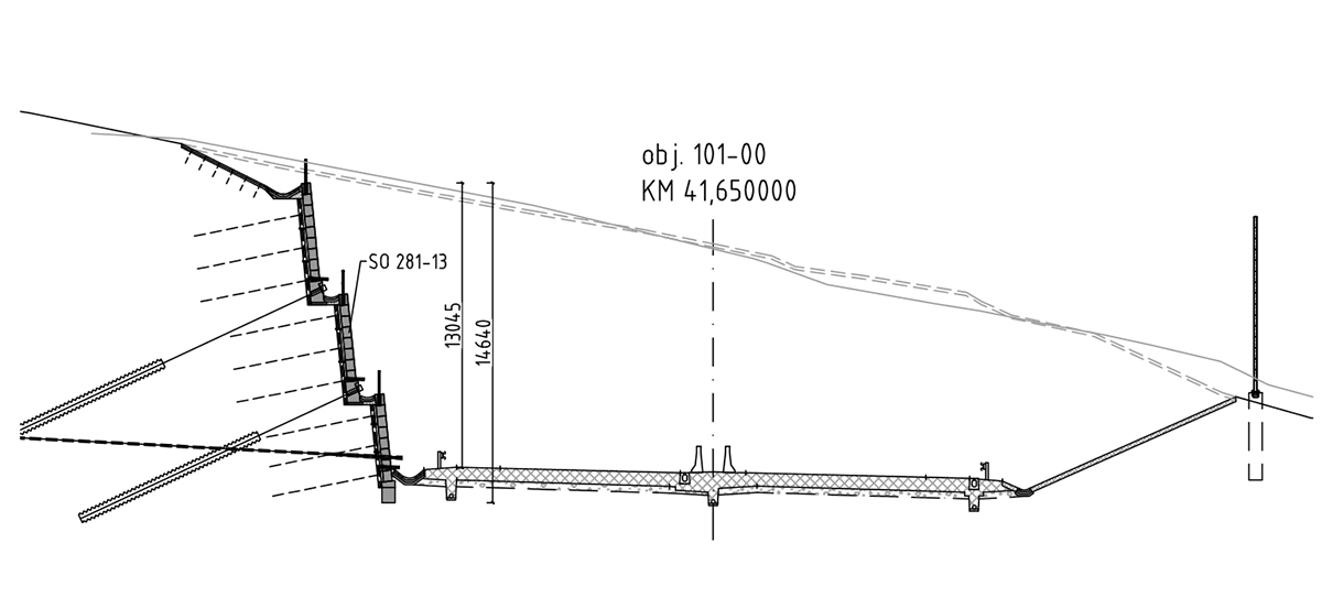 Obr. 7 Priečny rez diaľnicou D3 v km 41,650 – múr 281-13