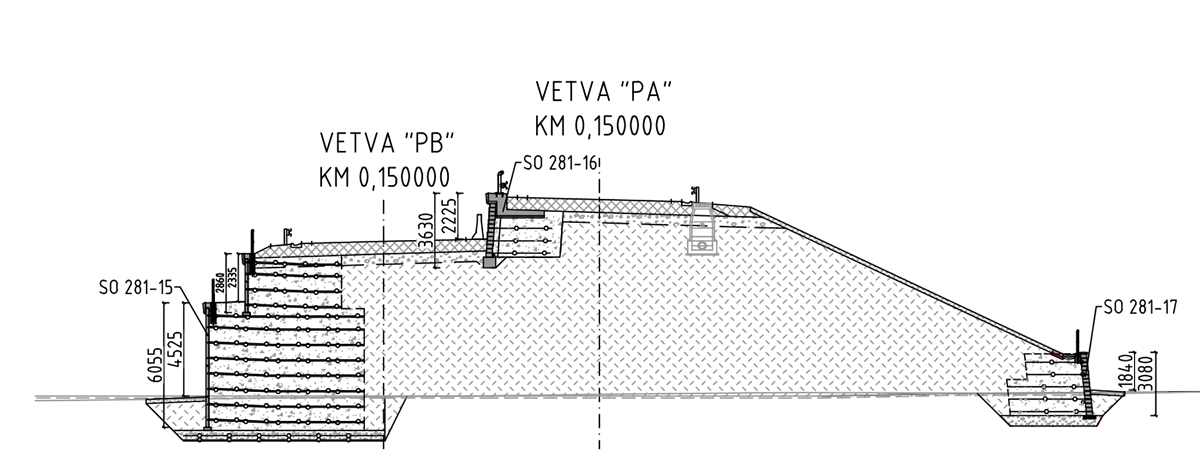 Obr. 8 Priečny rez na vetve „PA“ križovatky Podzávoz v km 0,150 – múry 281-15, 281-16 a 281-17