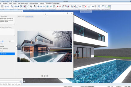 Náhľad na rozhranie softvéru ALLPLAN 2025 s AI Visualizerom, ktorý zobrazuje moderný návrh rodinného domu s bazénom. V popredí sú možnosti generovania vizualizácií pomocou umelej inteligencie.