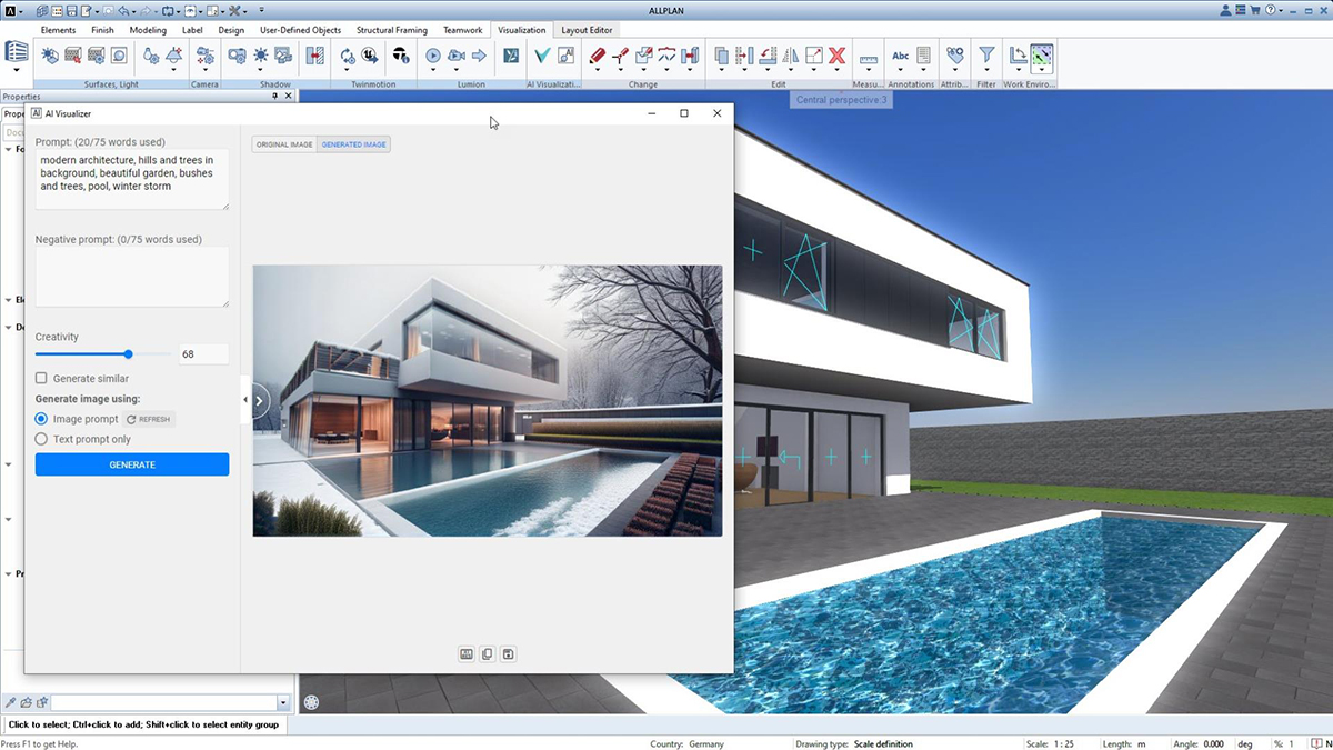 Náhľad na rozhranie softvéru ALLPLAN 2025 s AI Visualizerom, ktorý zobrazuje moderný návrh rodinného domu s bazénom. V popredí sú možnosti generovania vizualizácií pomocou umelej inteligencie.