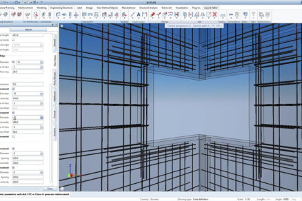 Automatizované modelovanie výstuže v softvéri ALLPLAN 2025. Zobrazené detaily výstuže stien vrátane vertikálnych a horizontálnych výstužných prútov s možnosťami nastavenia parametrov a optimalizácie návrhu.