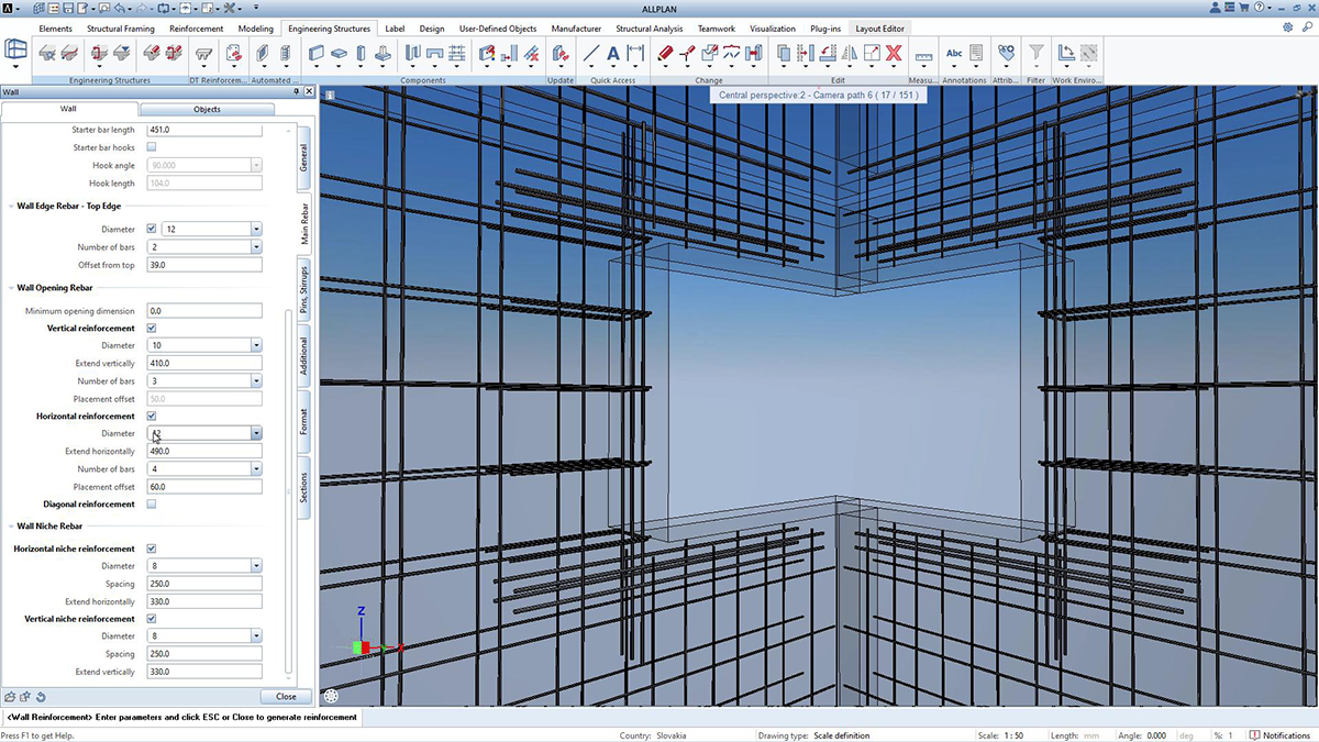 Automatizované modelovanie výstuže v softvéri ALLPLAN 2025. Zobrazené detaily výstuže stien vrátane vertikálnych a horizontálnych výstužných prútov s možnosťami nastavenia parametrov a optimalizácie návrhu.