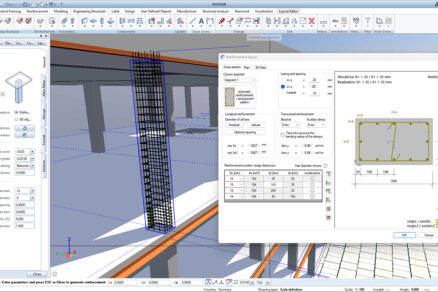 Rozhranie softvéru ALLPLAN 2025 zobrazujúce technické detaily vystužovania betónového stĺpa. Na obrazovke je viditeľné 3D modelovanie výstuže, výpočty parametrov a návrh vystužovacieho layoutu pre efektívne plánovanie konštrukcií.