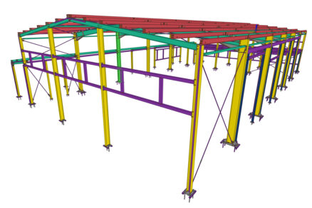 Farebný 3D model oceľovej konštrukcie budovy s červenými, žltými, zelenými a fialovými prvkami.