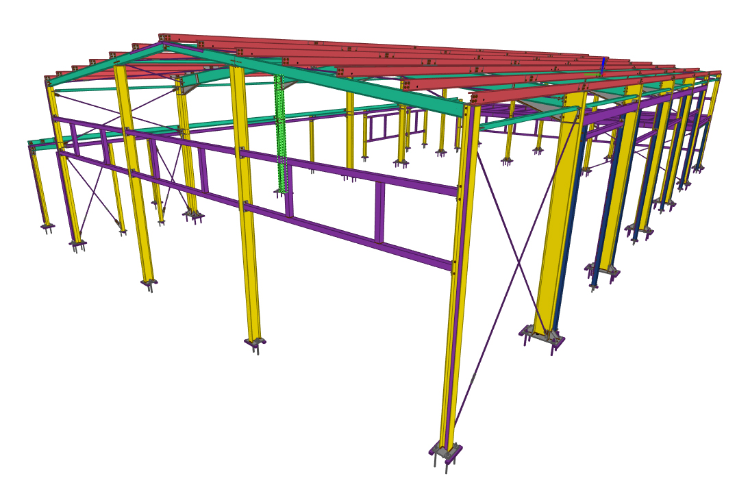  Farebný 3D model oceľovej konštrukcie budovy s červenými, žltými, zelenými a fialovými prvkami.