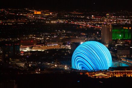 Las Vegas, Nevada, USA November 7, 2023: The MSG Sphere lit up at night