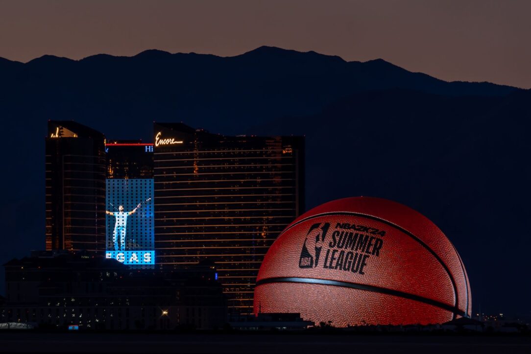 MSG Sphere light up with basketball picture Summer League on the Strip. Exosphere is new building in Las Vegas what attracts tourists.