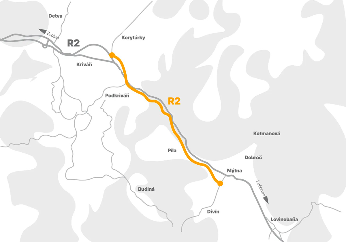 Obr. 1 Grafické zobrazenie trasy novobudovaného úseku R2 Kriváň – Mýtna