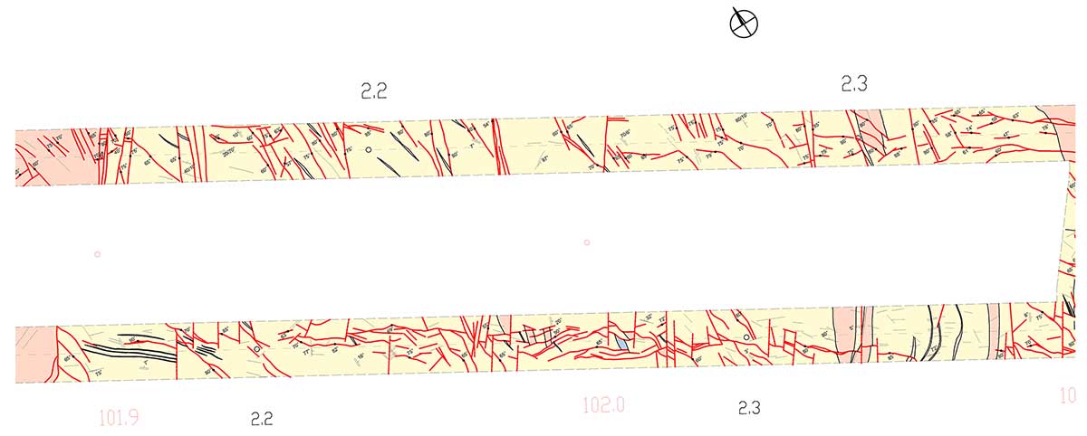 Obr. 4 Pohľad na bansko-geologickú mapu tunela Prešov, staničenie JTR 1 714,39 až 2 325,37 m (1 058,39 až 1 669,37 TM, KHB-17 až KHB-27), staničenie STR 1 602,96 až 2 306,13 m (966,46 až 1 669,63 TM, KHB-13 až KHB-21)