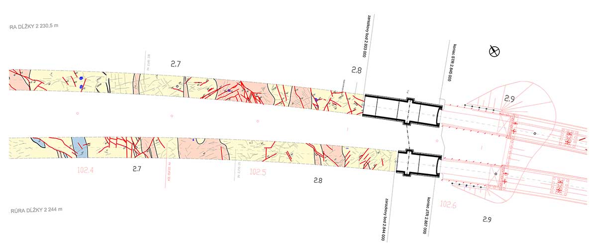 Obr. 5 Pohľad na bansko-geologickú mapu tunela Prešov, staničenie JTR 2 325,37 až 2 843,16 m (1 669,37 až 2 187,16 TM, KHB-27 až KHB-43), staničenie STR 2 306,13 až 2 802,10 m (1 669,63 až 2 165,60 TM, KHB-21 až KHB-30)