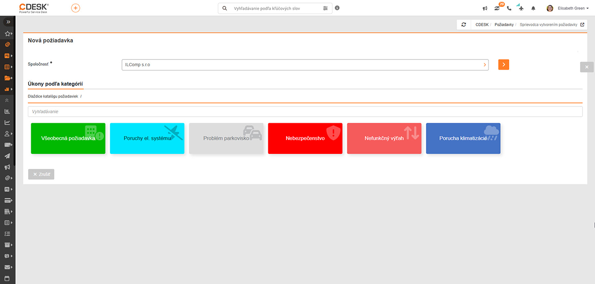 Vytvorenie novej požiadavky v systéme CDESK so zobrazením kategórií úkonov vo forme farebných dlaždíc.