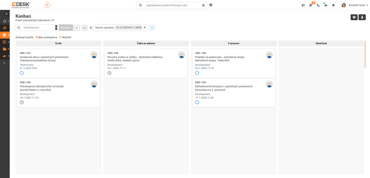 Kanban zobrazenie úloh v systéme CDESK s jednotlivými pracovnými fázami úloh.