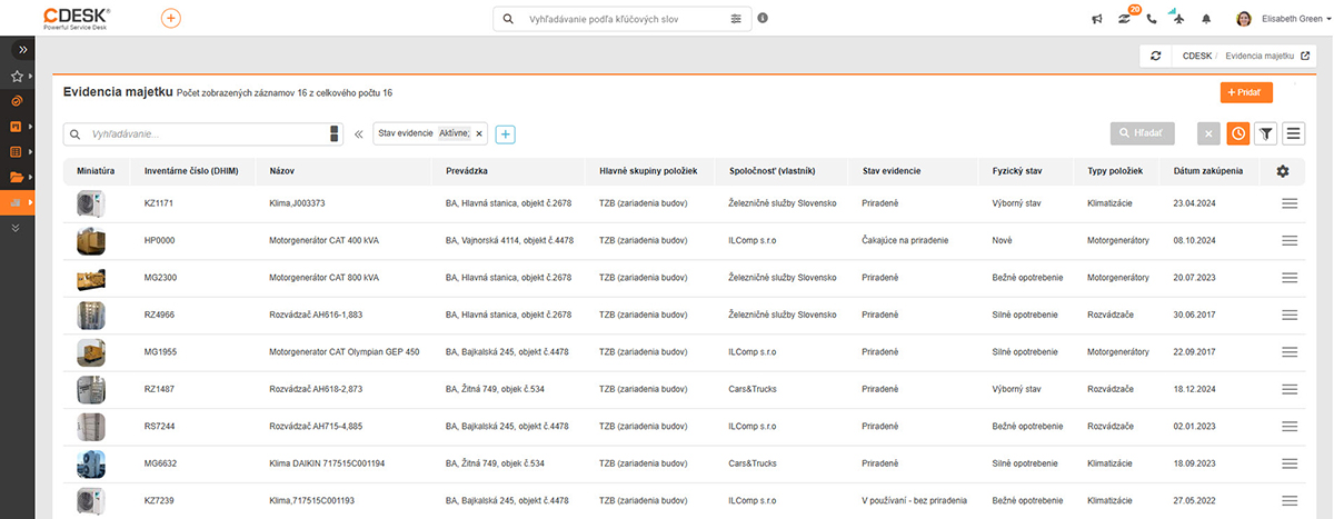 Modul Evidencia majetku v CDESK s prehľadom zariadení, ich stavom a pridelenými pracovníkmi.