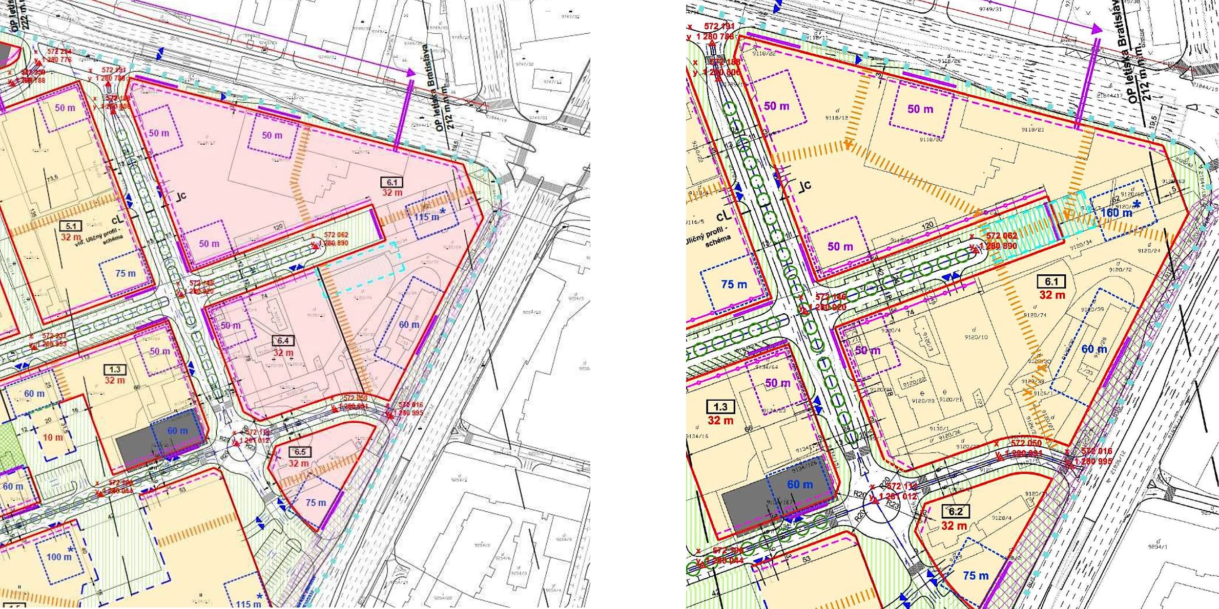 Situácia projektu pred zmenami (vľavo) a po zmenách v urbanistickej štúdii (vpravo)