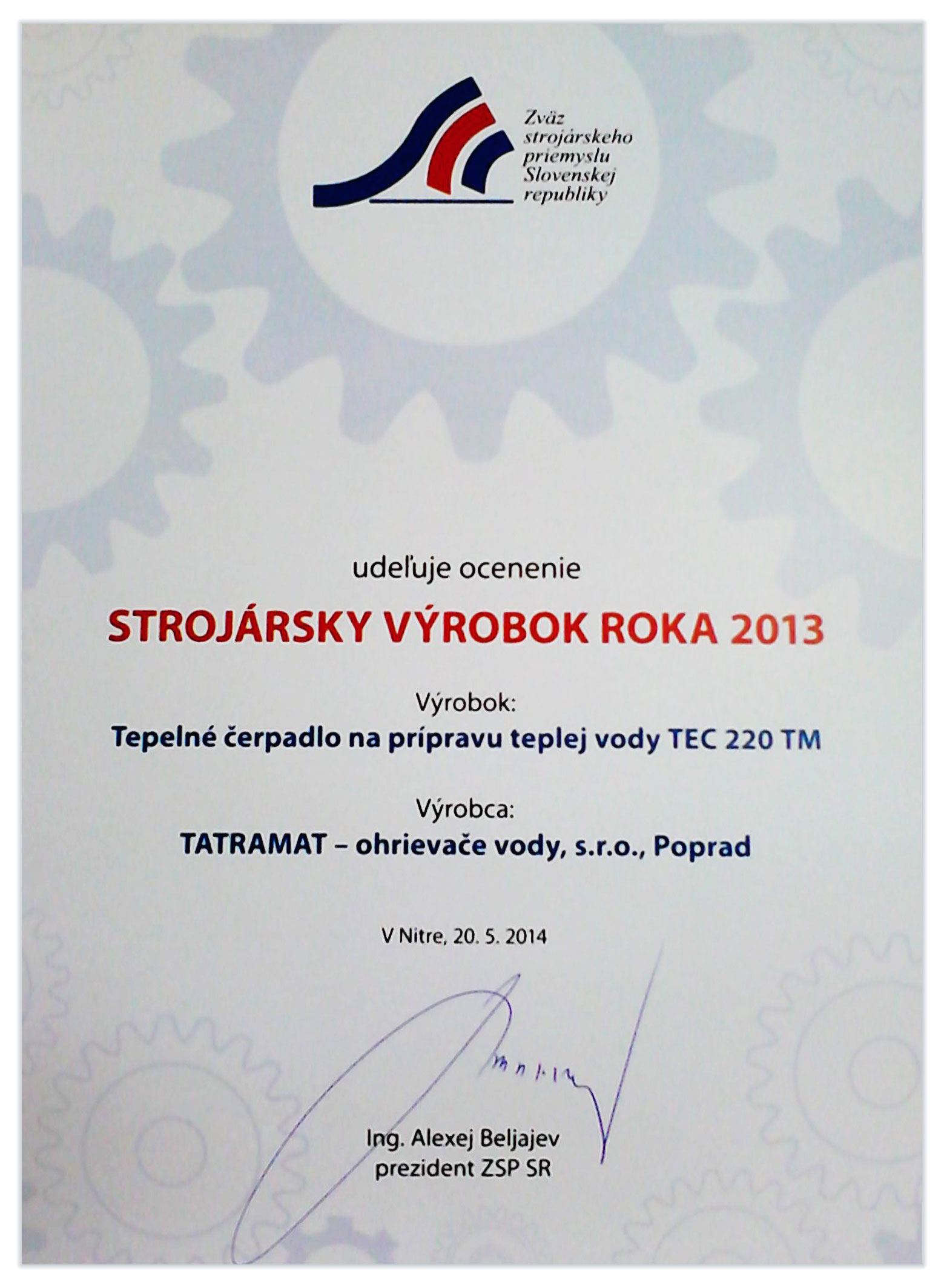 Ocenenie "Strojársky výrobok roka 2013"